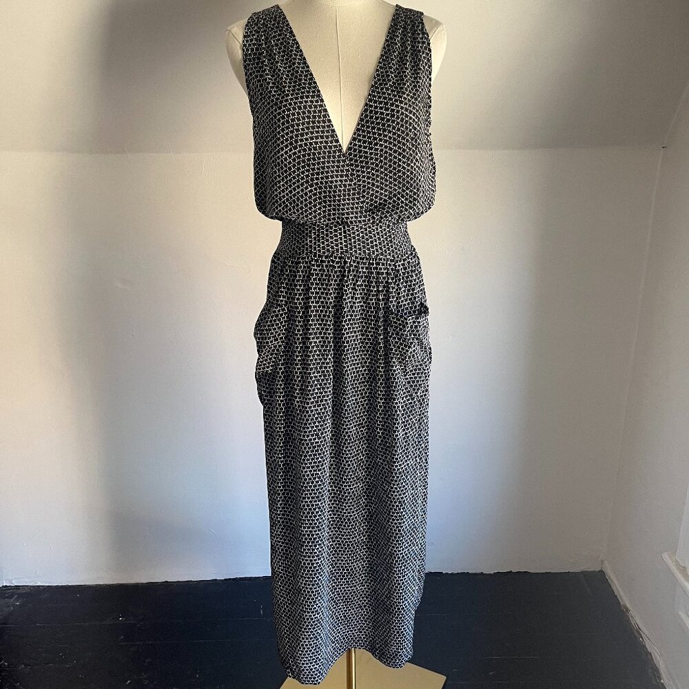 No.6 Store Silk Black White Sleeveless Button Back Midi Dress - Size 1 / Small